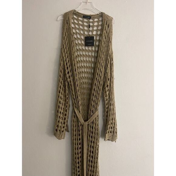 J Lux Label Cardigan Sweater L Khaki Taupe Crochet Knit Belt Long Duster Cover - Picture 3 of 8